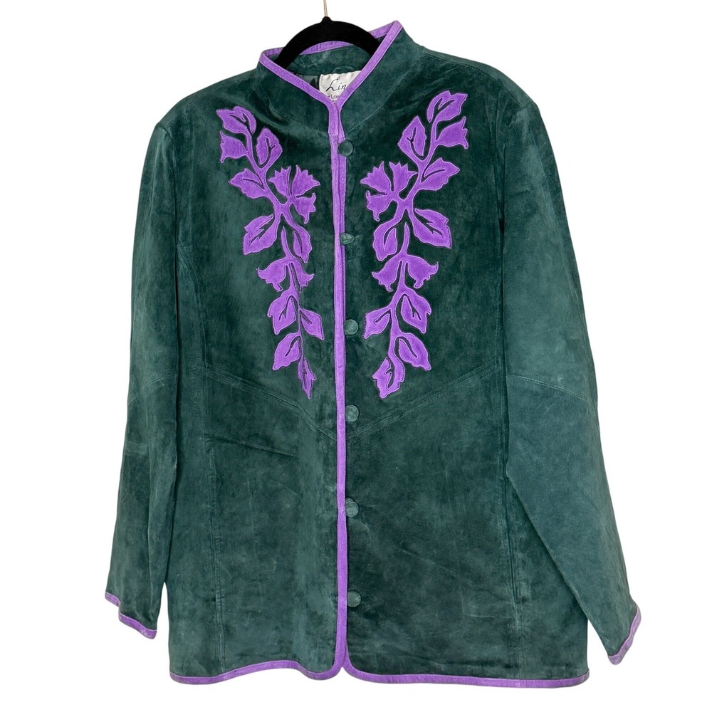 Linea Louis Dell Olio Green Suede Purple Floral Mandarin Jacket Plus 1X A38940